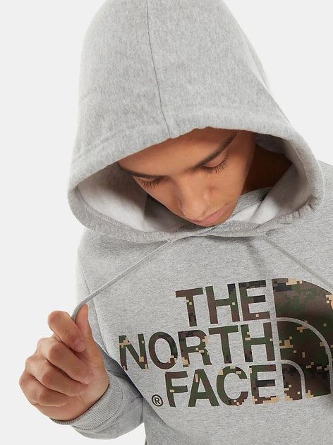 The North Face Drew Peak Camo Logo Pullover Hoodie – NF0A3XYDDYX1 – Light Grey Heather
